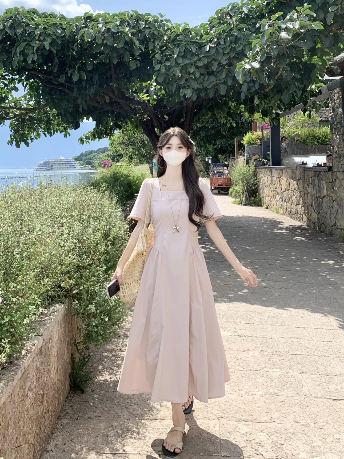 실사 정가 프랑스식 부드러운 품격 광장 칼라 허리 수축 슬림해 보이는 롱 스커트 고급 센스 드레스