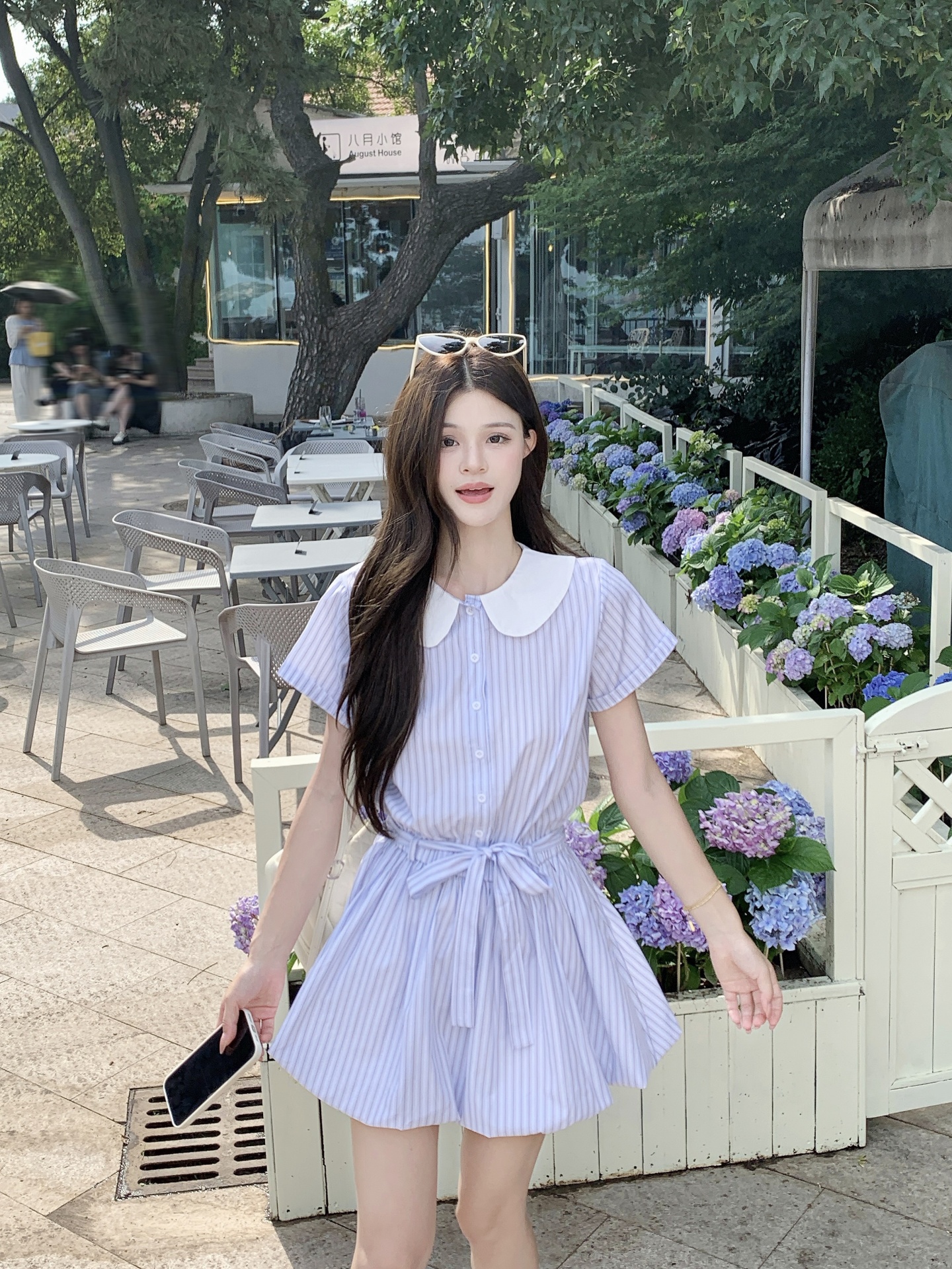 실사 정가 파란색 스트라이프 반팔 드레스 디자인 센스 베이비 칼라 꽃밭 치마
