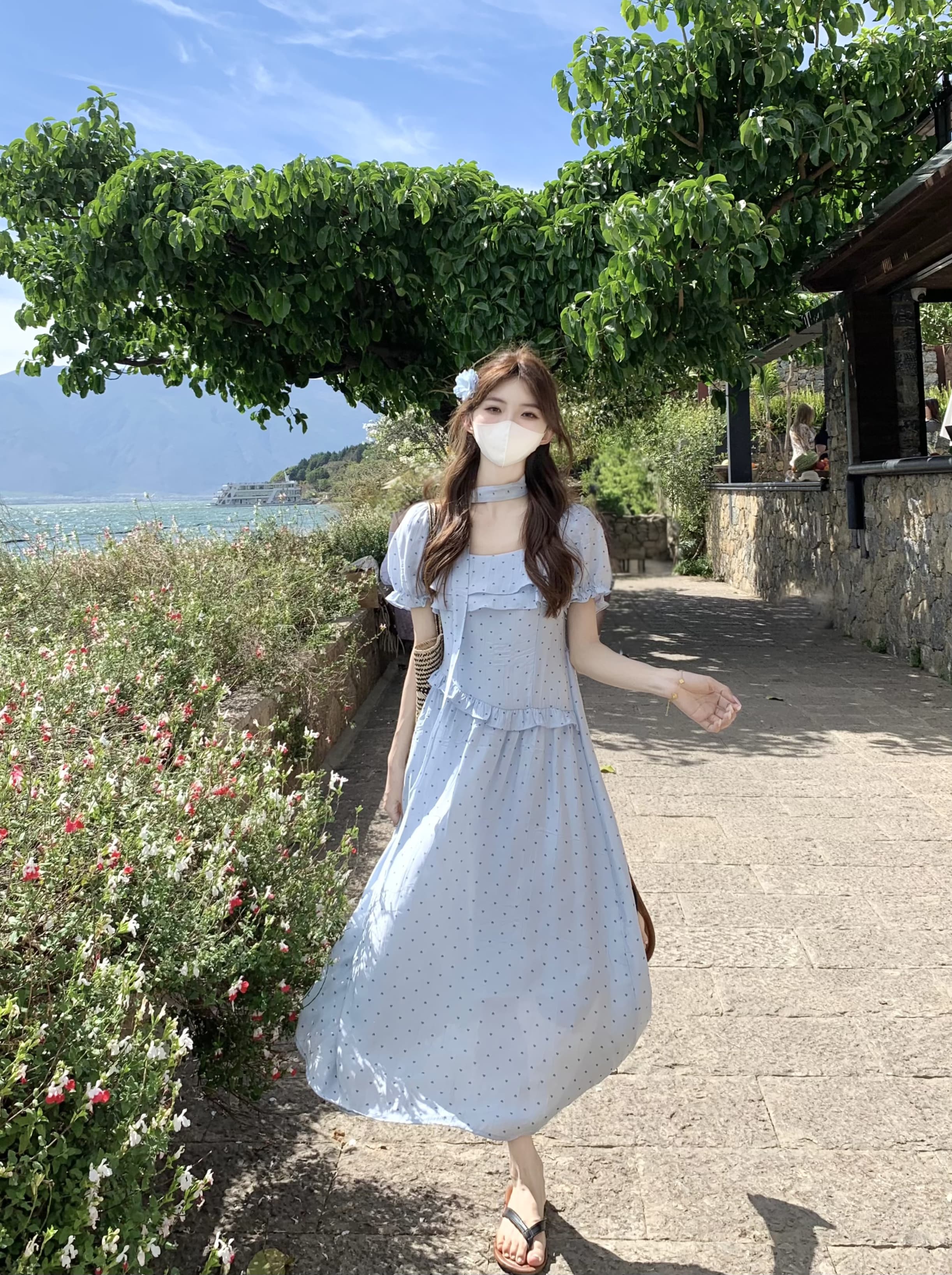 실사 정가 한국 스타일 도트 무늬 슈퍼 요정 소녀 센스 품격 허리 수축 중간 길이 드레스