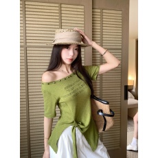 批发实拍实价~夏<b class='q'>一字领</b>露肩设计感短袖T恤不规则绑带收腰显瘦印花上衣