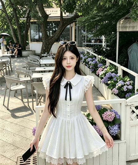 실사 정가 한국 스타일 화이트 색온도 부드러운 바람 여름 허리 수축 슬림해 보이는 레이스 조각 Feifei 소매 드레스