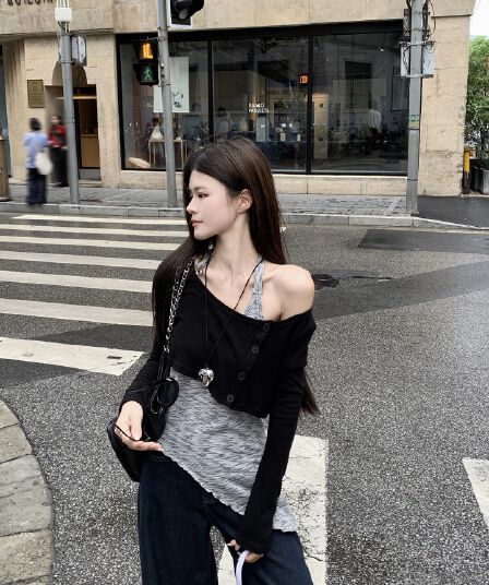 실사 정가 이른 가을 새로운 한 부서 외부 가져 가라. 긴팔 어깨 오픈 가디건 행침 목 불규칙 인사이드 가져 가라. 투피스 세트