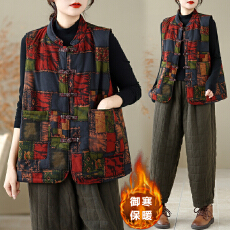 批发实拍中式<b class='q'>棉麻</b>印花盘扣棉服马夹<b class='q'>背心</b>文艺复古加厚保暖马甲秋冬外搭