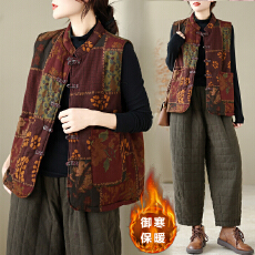 批发实拍中式<b class='q'>棉麻</b>印花盘扣棉服马夹<b class='q'>背心</b>文艺复古加厚保暖马甲秋冬外搭