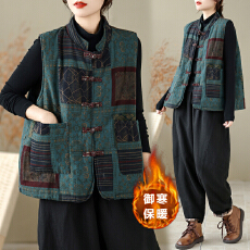批发实拍中式<b class='q'>棉麻</b>印花盘扣棉服马夹<b class='q'>背心</b>文艺复古加厚保暖马甲秋冬外搭