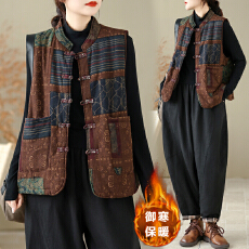 批发实拍中式<b class='q'>棉麻</b>印花盘扣棉服马夹<b class='q'>背心</b>文艺复古加厚保暖马甲秋冬外搭