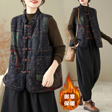 批发实拍中式<b class='q'>棉麻</b>印花盘扣棉服马夹<b class='q'>背心</b>文艺复古加厚保暖马甲秋冬外搭