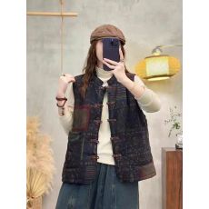 批发26年秋冬季中式棉麻印花盘扣<b class='q'>棉服</b>背心文艺复古加厚保暖马甲外搭女