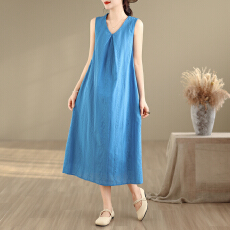 批发实拍26夏季新款大码文艺气质纯色镂空中长款休闲度假无袖连衣<b class='q'>裙</b>