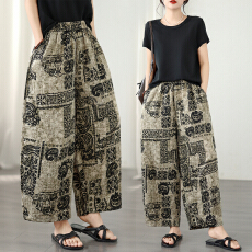 批发实拍26年夏冰丝棉麻几何印花百搭松紧腰休闲<b class='q'>哈伦裤</b>宽松显瘦弯刀裤