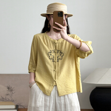 批发实拍26年夏季新款宽松显瘦文艺复古新中式刺绣立领纯色五分袖衬衫