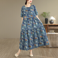 批发实拍复古文艺棉麻连衣裙宽松印花26年夏季新款短袖长款大摆打底裙