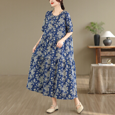 批发实拍复古文艺棉麻连衣裙宽松印花26年夏季新款短袖长款大摆打底裙