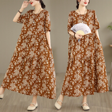 批发实拍复古文艺棉麻连衣裙宽松印花26年夏季新款短袖长款大摆打底裙