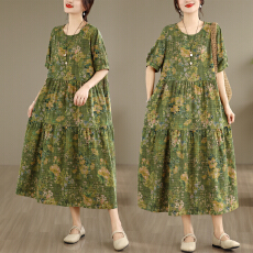 批发实拍复古文艺棉麻连衣裙宽松印花26年夏季新款短袖长款大摆打底裙