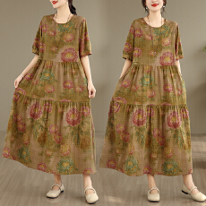 批发实拍复古文艺棉麻连衣裙宽松印花26年夏季新款短袖长款大摆打底裙