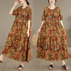 批发实拍复古文艺棉麻连衣裙宽松印花26年夏季新款短袖长款大摆打底裙