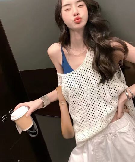 여름 새로운 한국어 버전 디자인 센스 V 칼라 빈 뜨개질 느슨한 착용 민소매 블라우스
