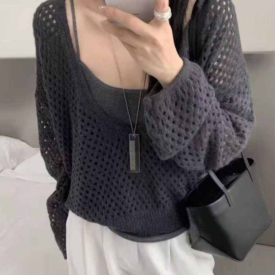 한 부서 새로운 느긋한 바람 단색 조끼 홀로우 아웃 자수 외부 탑 블라우스 니트 스웨터 투피스 세트