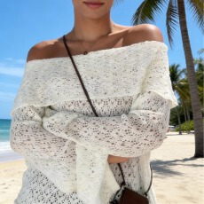 批发新款慵懒风气质百搭一字肩镂空针织上衣女