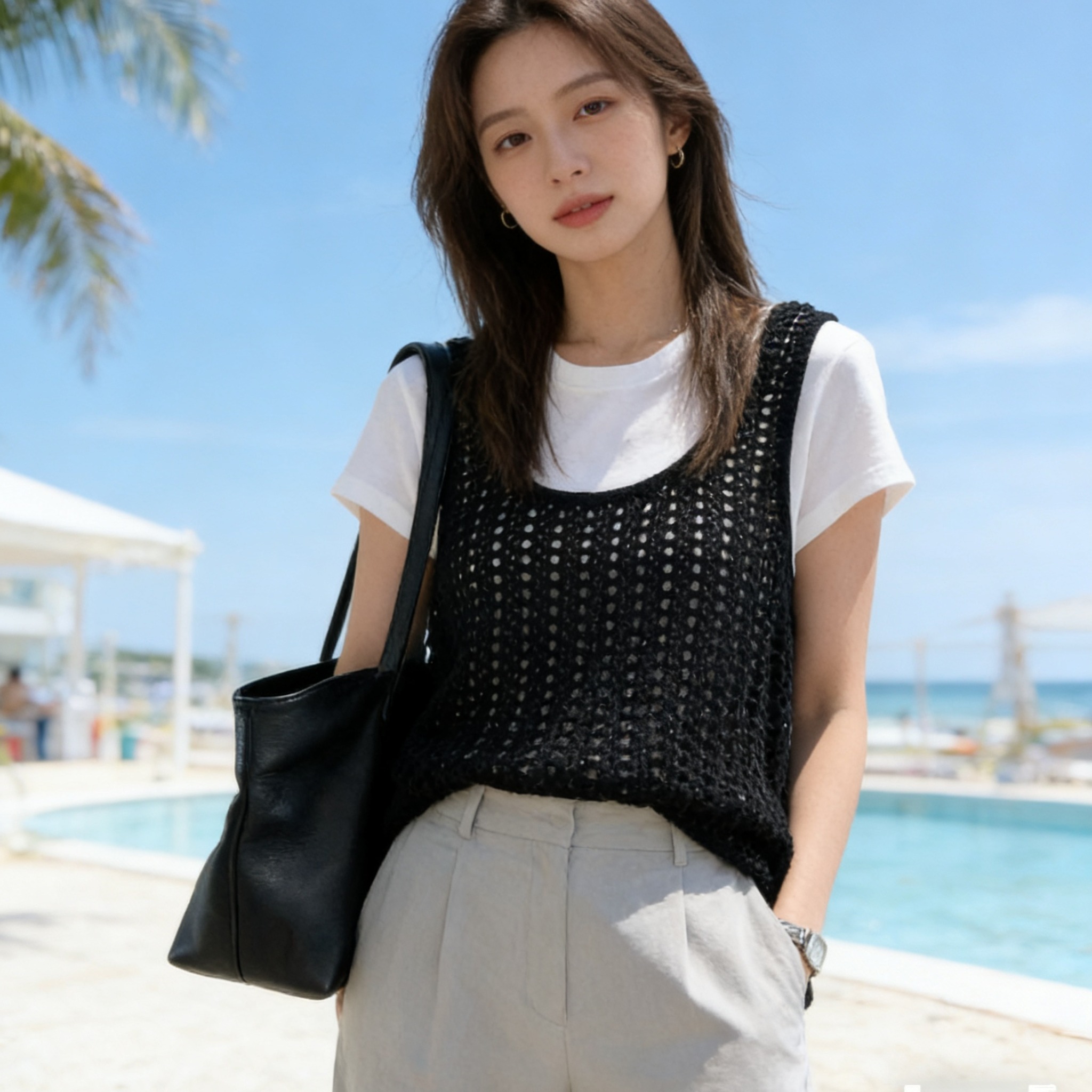 봄 여름 u 칼라 조끼 스타일 홀로우 아웃 캐주얼 니트 베스트 스택 착용 루즈핏 한국 스타일 측면 트임 중간 길이 블라우스 여성