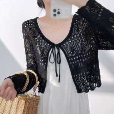 批发防晒针织开<b class='q'>衫</b>女镂空罩<b class='q'>衫</b>坎肩韩国夏季薄款V领抽绳<b class='q'>空调</b><b class='q'>衫</b>外搭披肩