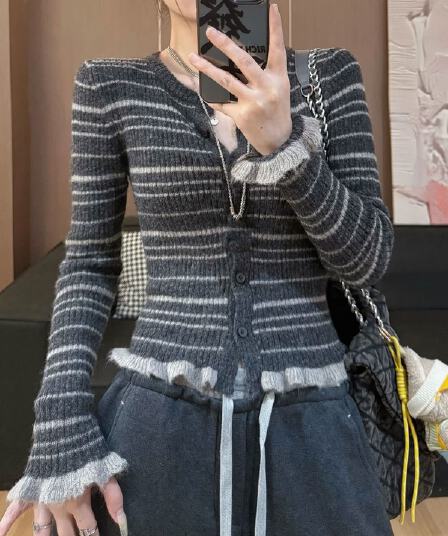 가을 새로운 한국 스타일 패션 다용도 라운드 넥 모헤어 스트라이프 니트 오픈 가디건 여성 스웨터 코트