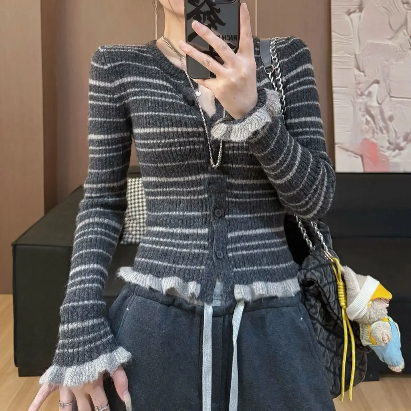 한국인기 스트라이프 마해어 가디건 상세 이미지 4