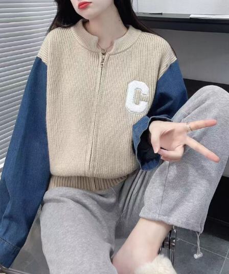 한 부서 패치워크 니트 오픈 가디건 스웨터 여자 가을 겨울철 디자인 센스 ins 지퍼 배색 데님 소매 재킷