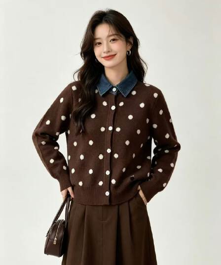한 부서 레트로 도트 무늬 페이크 레이어드 데님 패치워크 POLO 칼라 패션 니트 스웨터 부드러운 찹쌀 연령 감소 스웨터 여성 코트