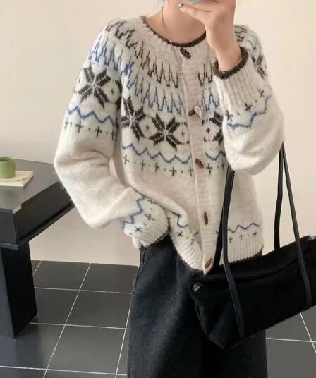 한국 동대문 새로운 레트로 공정한 섬 자카드 스웨터 오픈 가디건 여성 한국 스타일 새로운 루즈핏 다용도 니트 스웨터