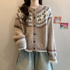 批发韩系复古提花针织开衫<b class='q'>外套</b>女2026秋冬大码微胖MM慵懒风毛衣上衣