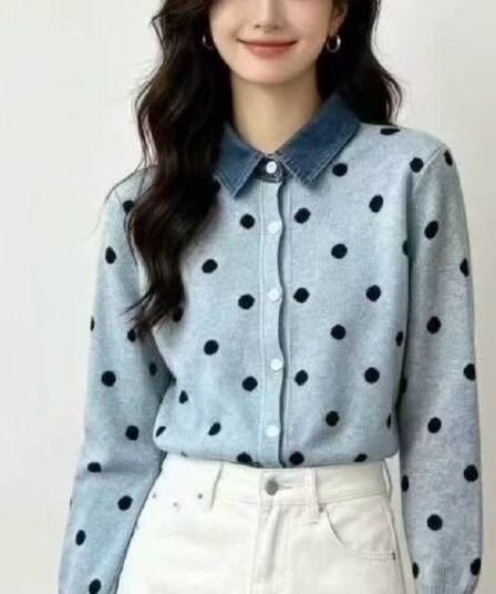 한 부서 레트로 도트 무늬 페이크 레이어드 데님 패치워크 POLO 칼라 패션 니트 스웨터 부드러운 찹쌀 연령 감소 스웨터 여성 코트