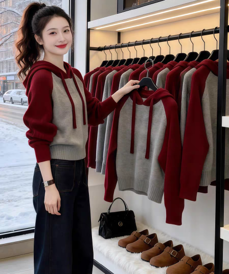 한 부서 레트로 느긋한 바람 부드러운 찹쌀 배색 모자 니트 스웨터 여성 2026 가을 겨울 새로운 패션 인사이드 가져 가라. 기본 셔츠