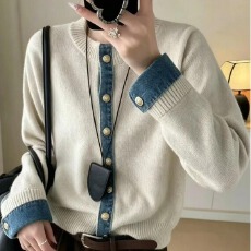 批发牛仔衬衫领拼接假两件毛衣女秋冬新款韩系chic高级感针织外套