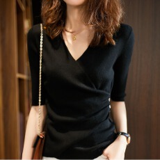 批发针织短袖上衣女女装围裹式V领气质修身显瘦冰丝<b class='q'>T</b><b class='q'>恤</b>夏