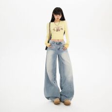批发美式复古宽松高腰阔腿裤磨破秋<b class='q'>冬</b>百搭垂感牛仔裤女&长裤加长