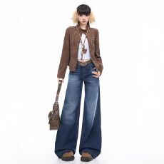 批发美式纹理设计感2025新款秋冬女生牛仔宽松长<b class='q'>裤</b>拖地日常百搭纽扣