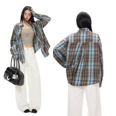 批发复古蓝棕调<b class='q'>格子衬衫</b>宽松<b class='q'>男</b>女款长袖衬衣秋季新款叠穿上衣