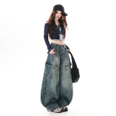 批发美式复古秋冬百搭多袋重洗水工装休闲拖地<b class='q'>牛仔裤</b>中性风<b class='q'>男</b>女款