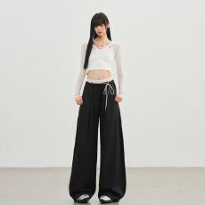 批发黑色假两件弯刀休闲裤女蕾丝双腰头宽松阔腿裤