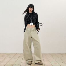 批发浅卡其美式复古宽松阔腿弯刀工装裤女休闲拖地长裤