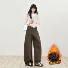 批发可可色美式复古宽松阔腿弯刀工装裤女休闲拖地长裤