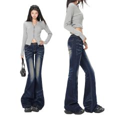 批发千禧YK2复古水洗猫须重工艺压褶低腰弹力喇叭<b class='q'>裤</b>腰臀比长<b class='q'>裤</b>加长