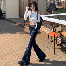 批发千禧YK2复古水洗猫须重工艺压褶低腰弹力喇叭<b class='q'>裤</b>腰臀比长<b class='q'>裤</b>加长