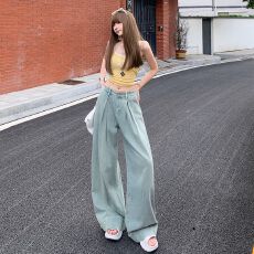 批发做旧宽松复古长裤牛仔女美式高街阔腿裤高腰垂感拖地裤
