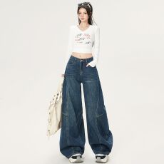 批发2025秋冬新款辣妹时尚复古风潮流宽松弯刀裤阔腿裤女装牛仔裤女