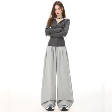 批发秋冬韩系灰色运动休闲卫裤收腰显瘦宽松直筒<b class='q'>设计</b>感休闲裤