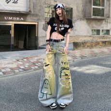 批发2026春<b class='q'>装</b>新款印花重工艺阔腿裤<b class='q'>女</b><b class='q'>装</b>直筒裤辣妹复古风牛仔裤<b class='q'>女</b>