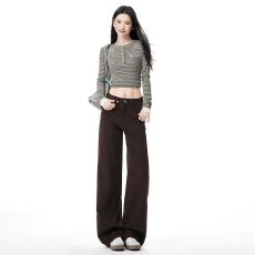批发美式复古咖色高腰显瘦阔腿<b class='q'>牛仔裤</b>女新款直筒拖地裤长裤加长
